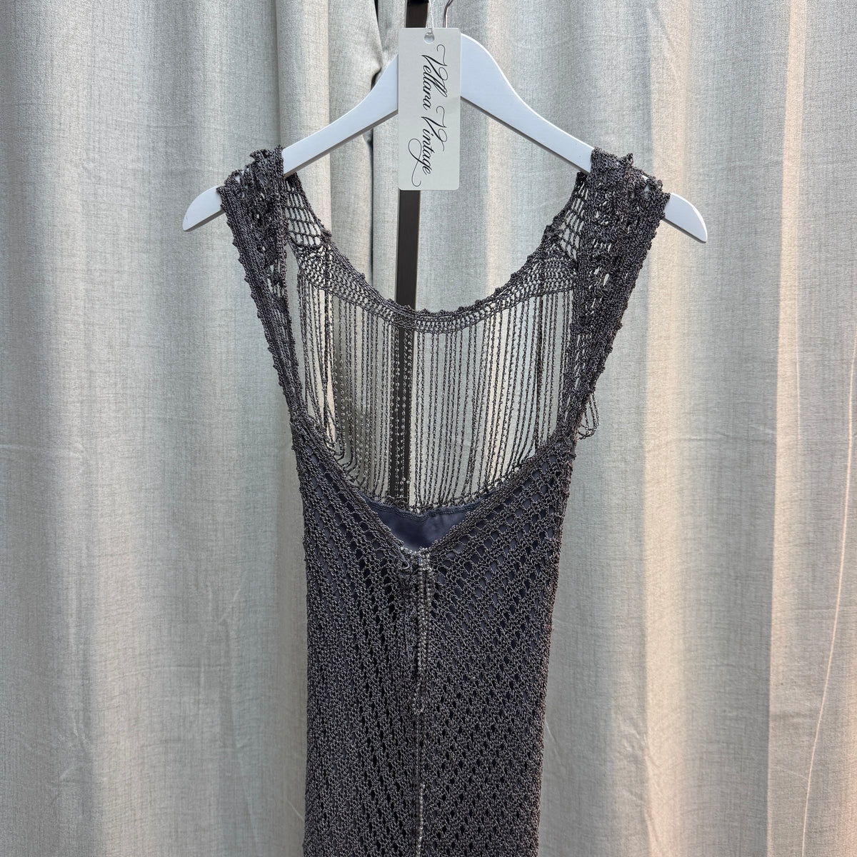 Grey Draped Beaded Crochet Midi Dress