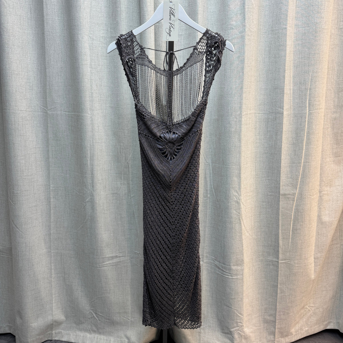 Grey Draped Beaded Crochet Midi Dress