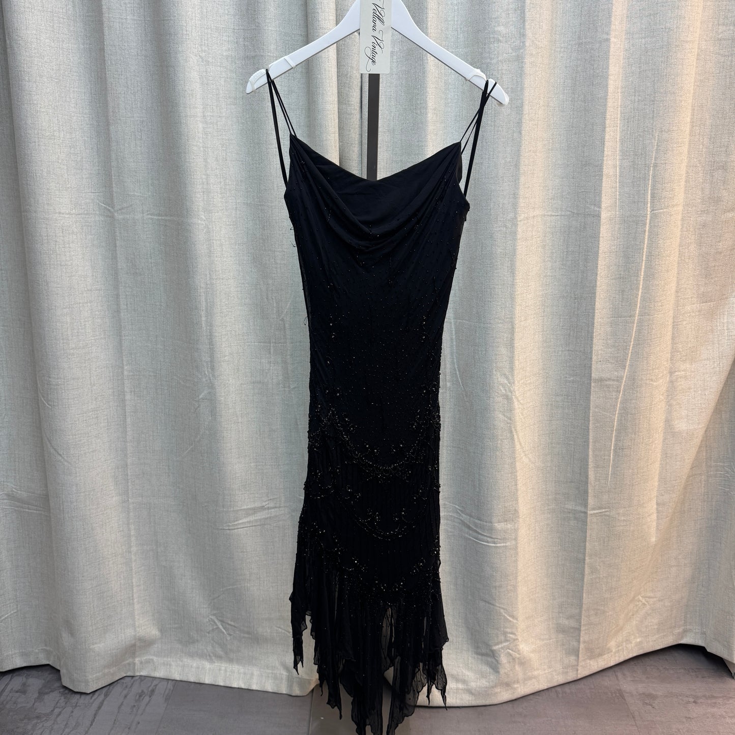 Black Beaded Cowl Neck Silk Midi Dress