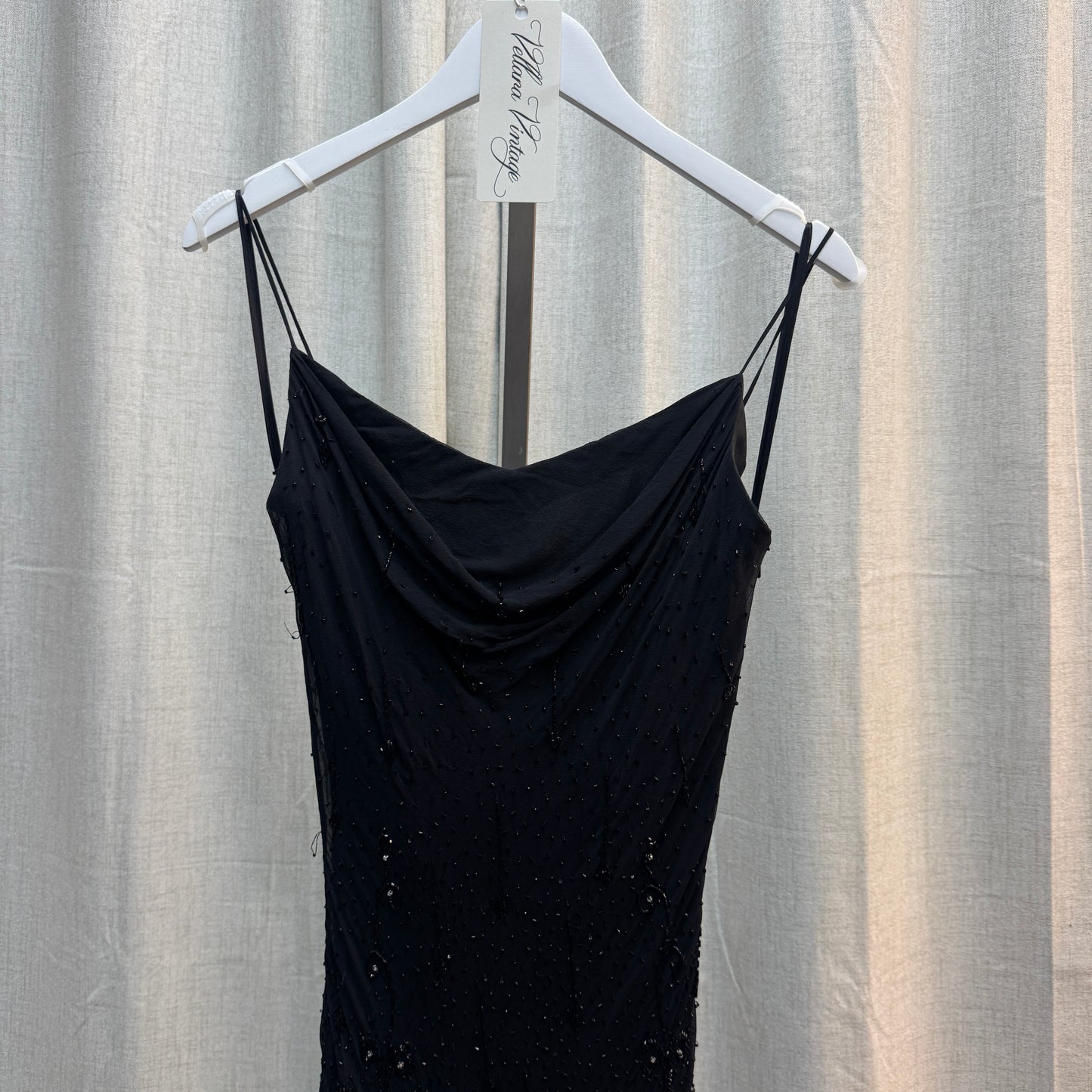 Black Beaded Cowl Neck Silk Midi Dress