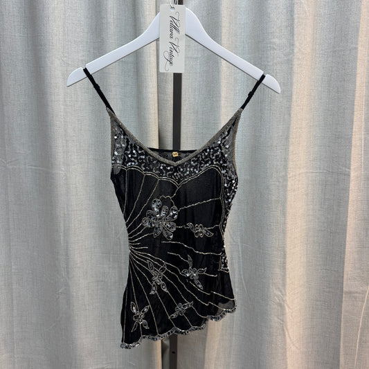 Black Sheer Floral Sequin Beaded Tank Top