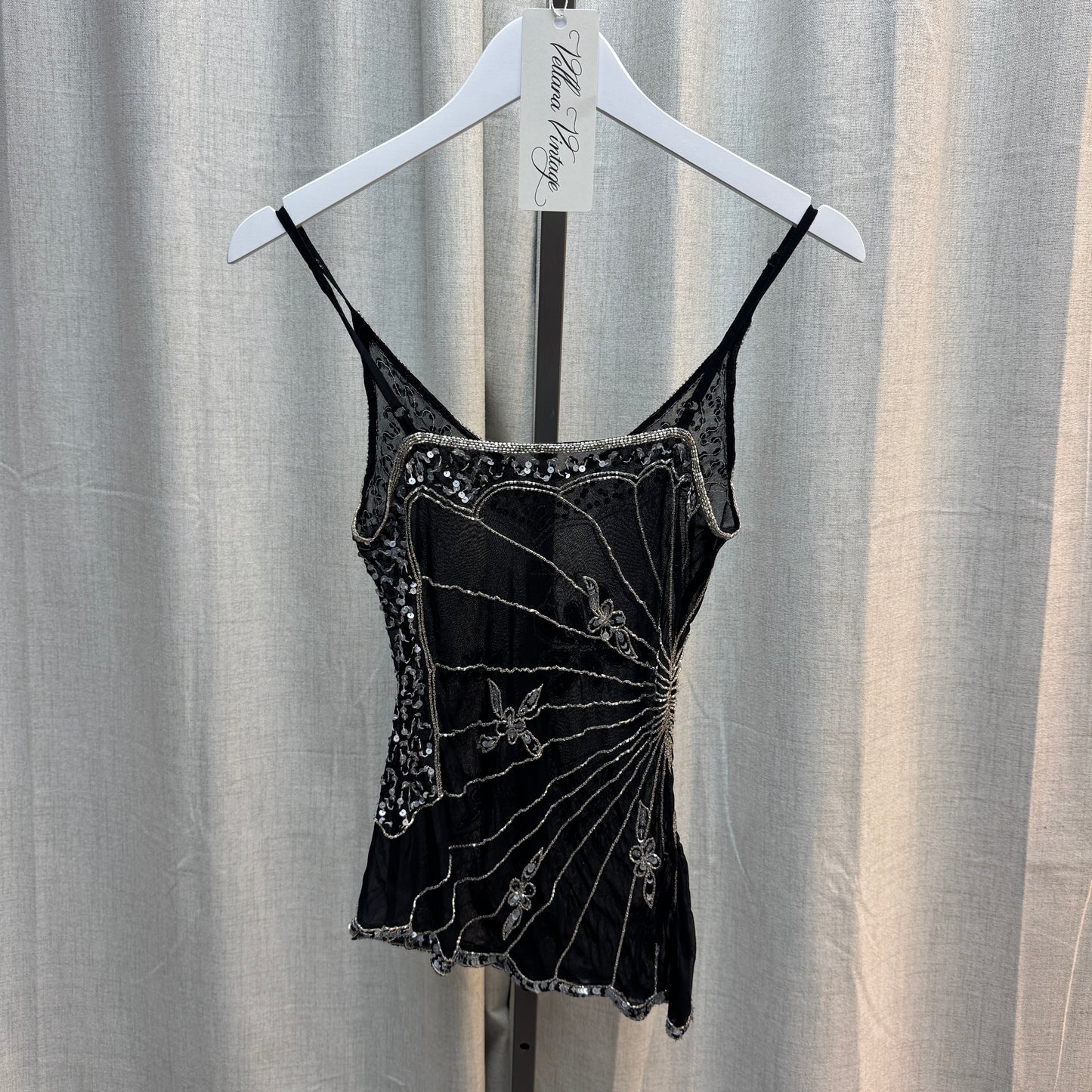 Black Sheer Floral Sequin Beaded Tank Top