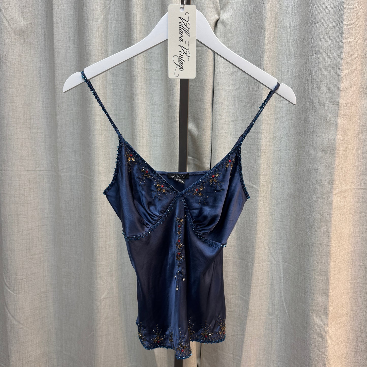 Navy Silk Beaded V-Neck Tank Top