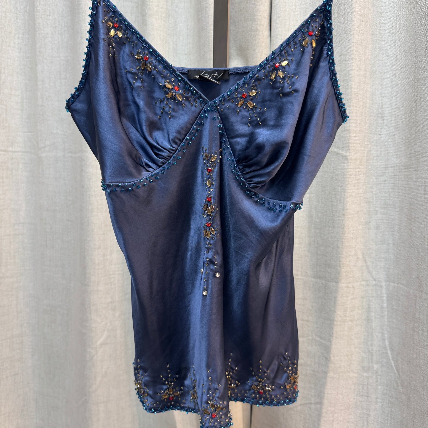 Navy Silk Beaded V-Neck Tank Top
