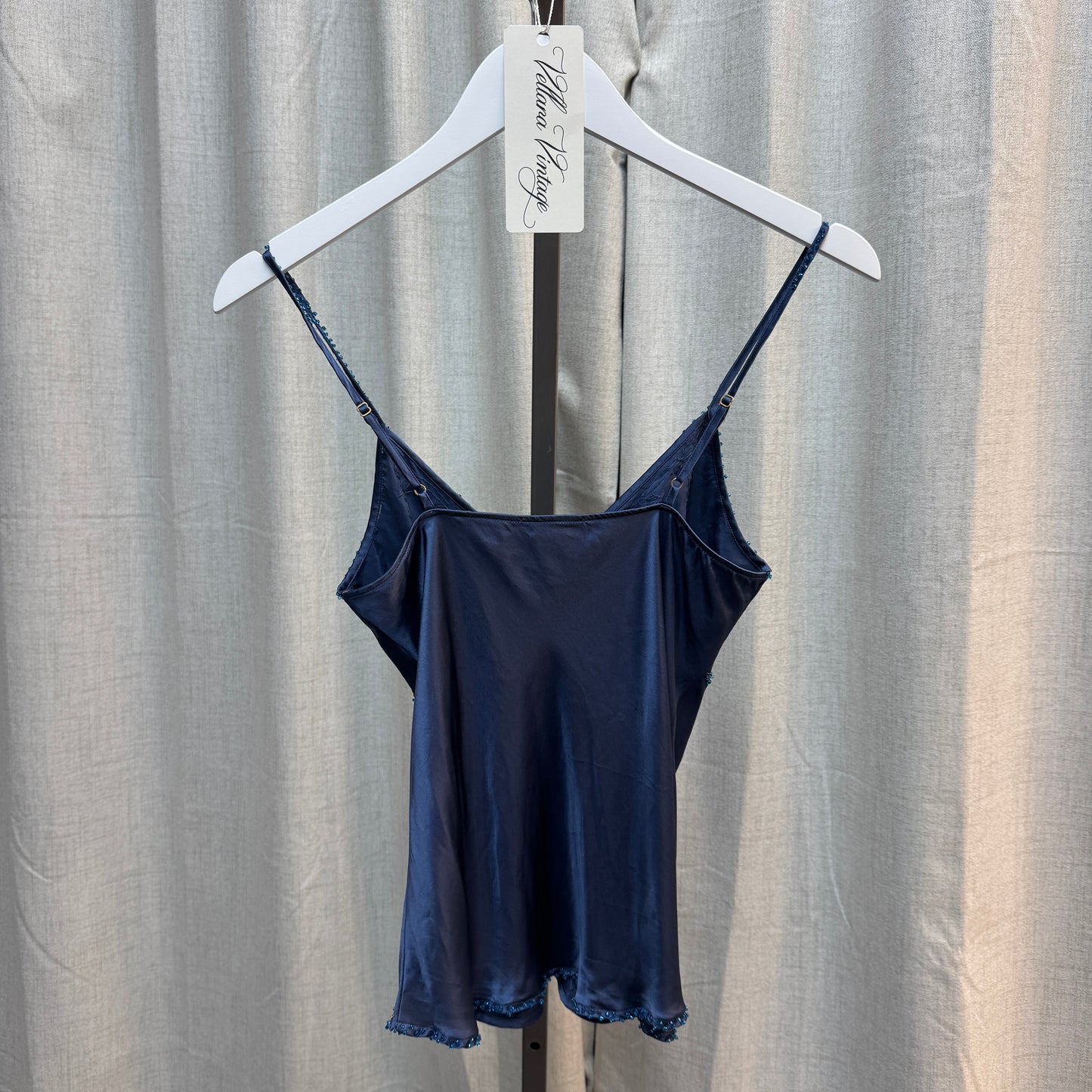 Navy Silk Beaded V-Neck Tank Top