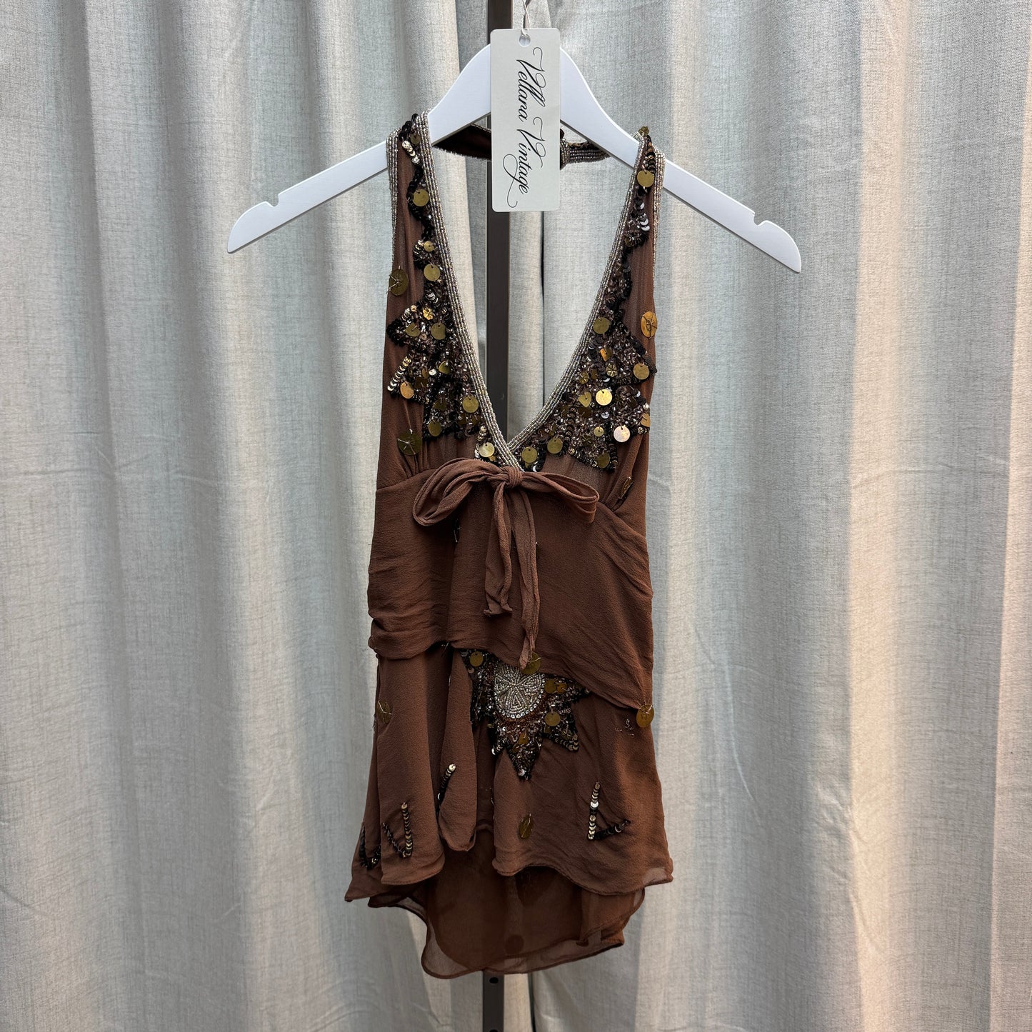 Aftershock Brown Silk Beaded Layered Halter Tank Top