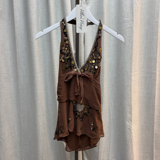 Aftershock Brown Silk Beaded Layered Halter Tank Top