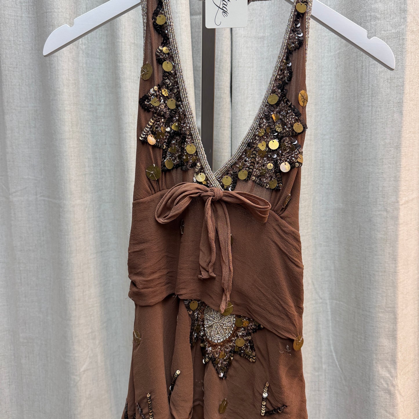Aftershock Brown Silk Beaded Layered Halter Tank Top
