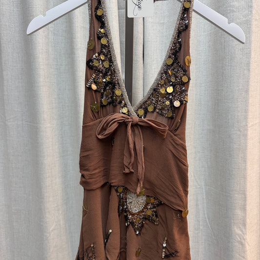 Aftershock Brown Silk Beaded Layered Halter Tank Top