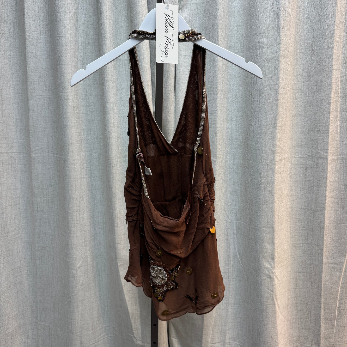 Aftershock Brown Silk Beaded Layered Halter Tank Top