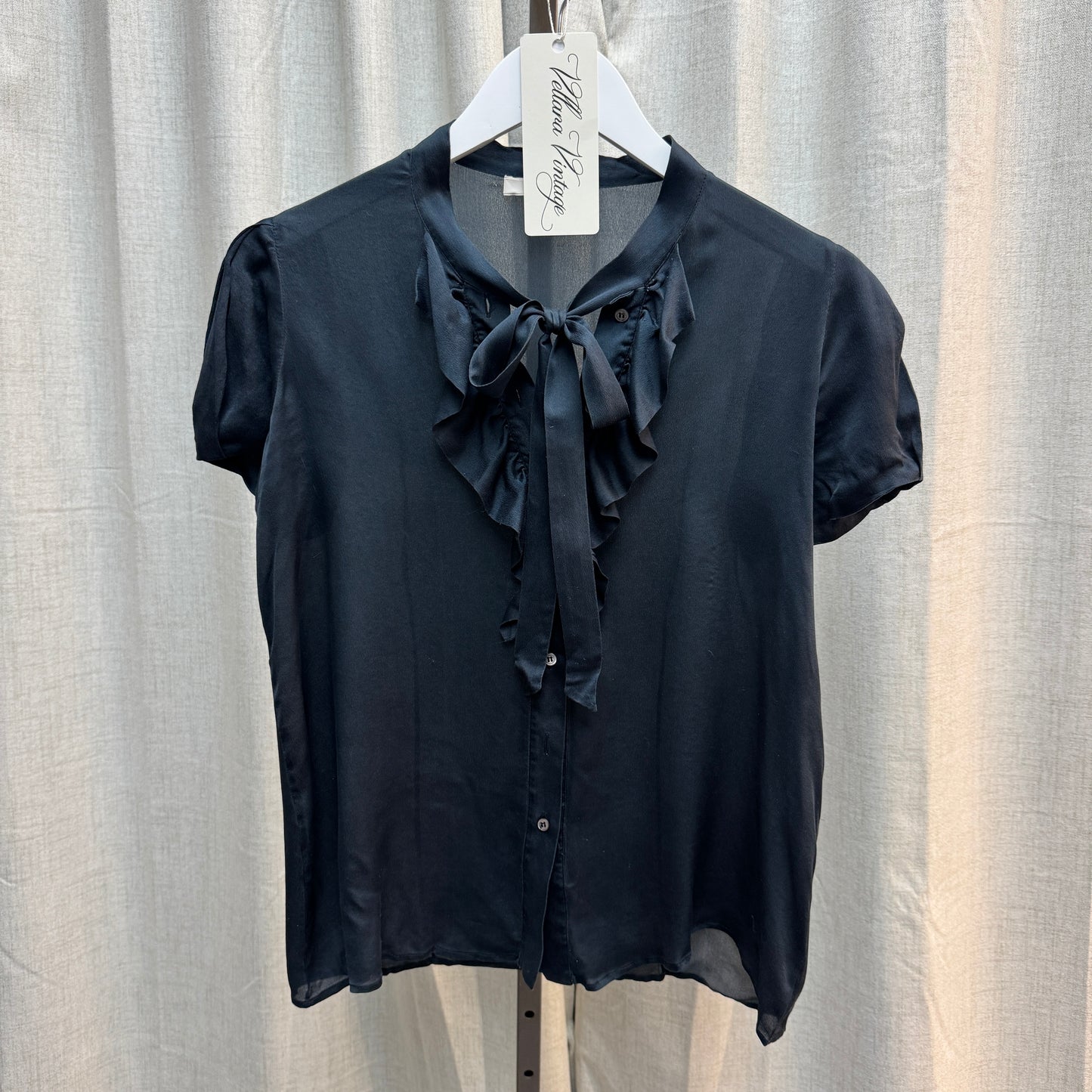 Prada Black Silk Tie-Neck Short Sleeve Blouse