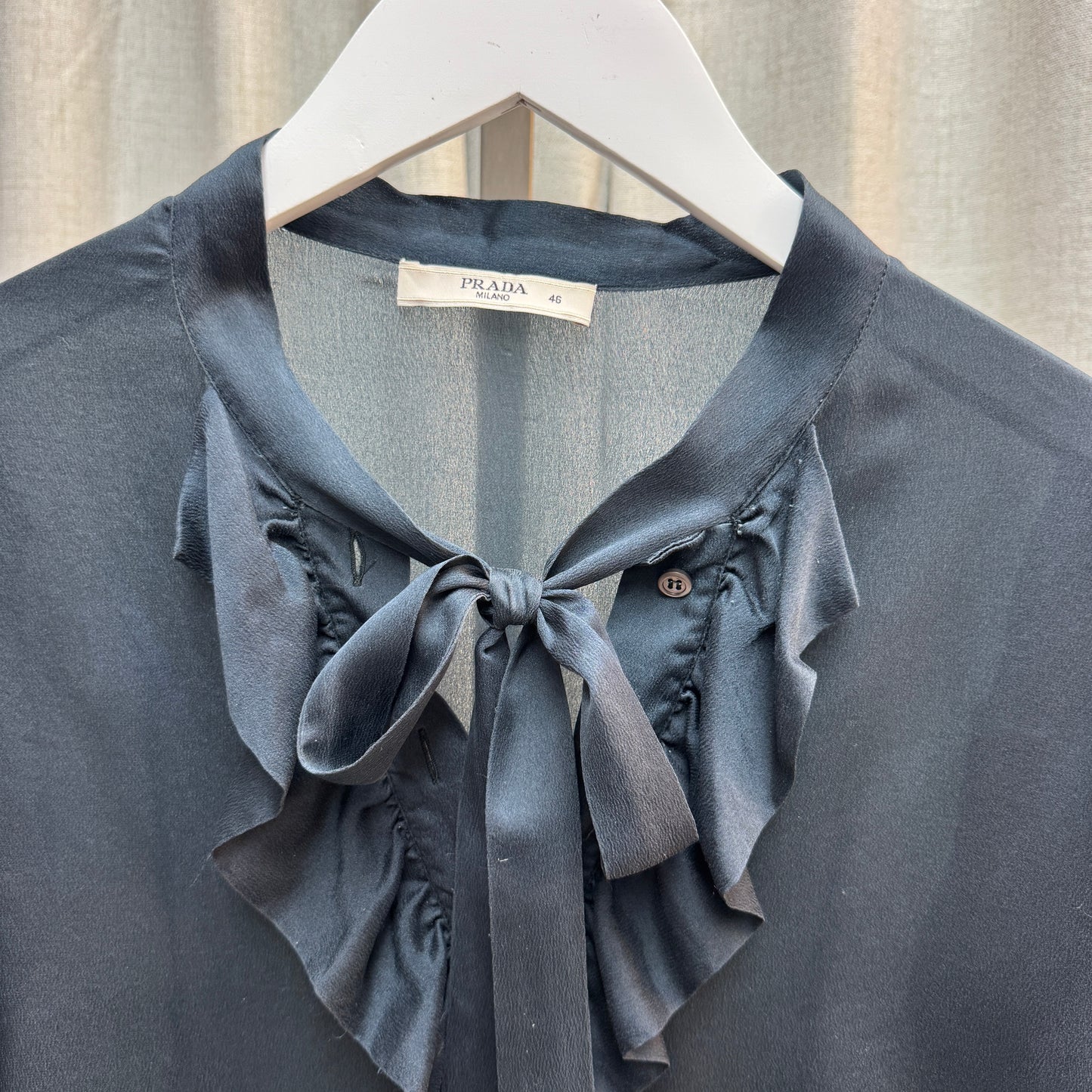 Prada Black Silk Tie-Neck Short Sleeve Blouse