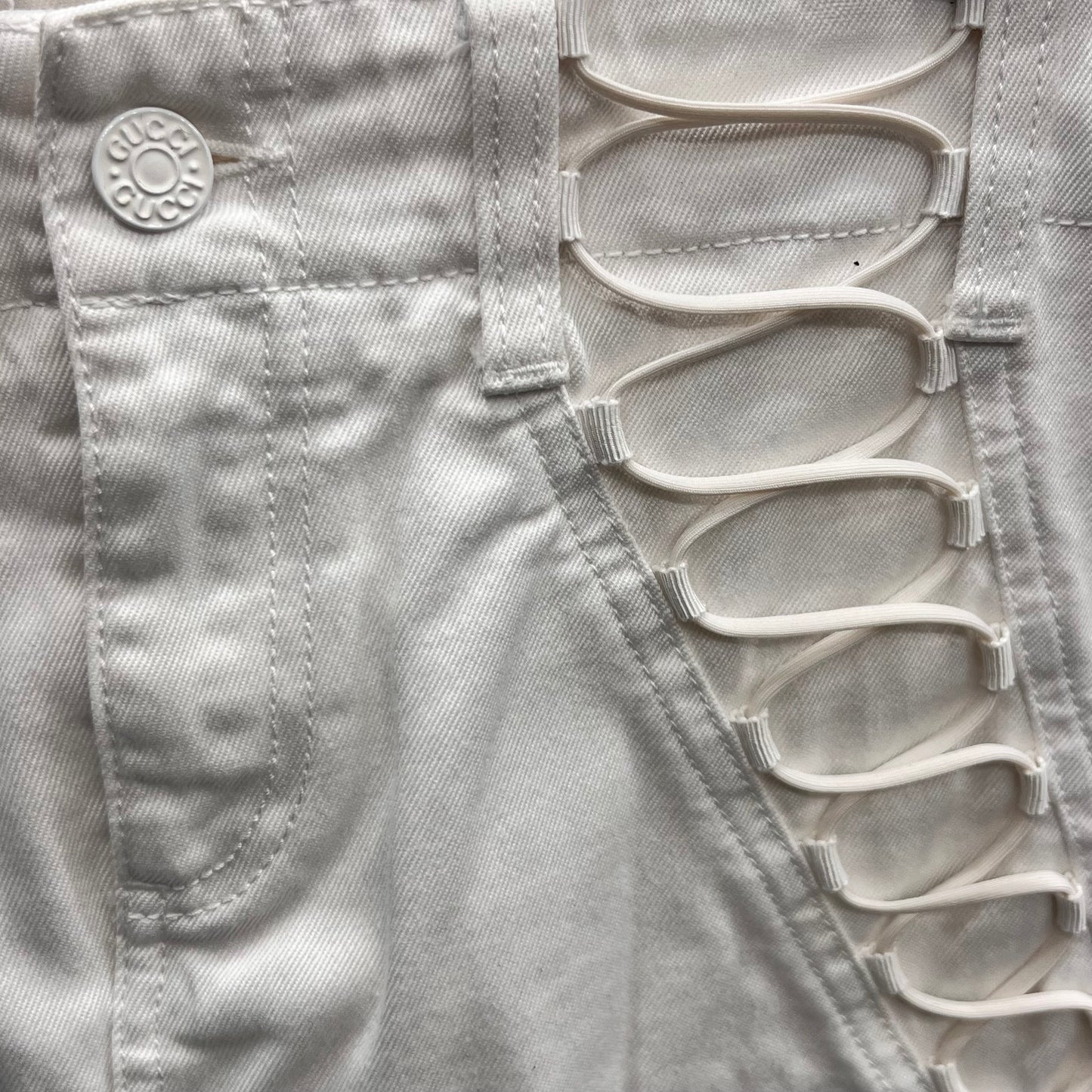 White Gucci Lace-Up Denim Mini Skirt