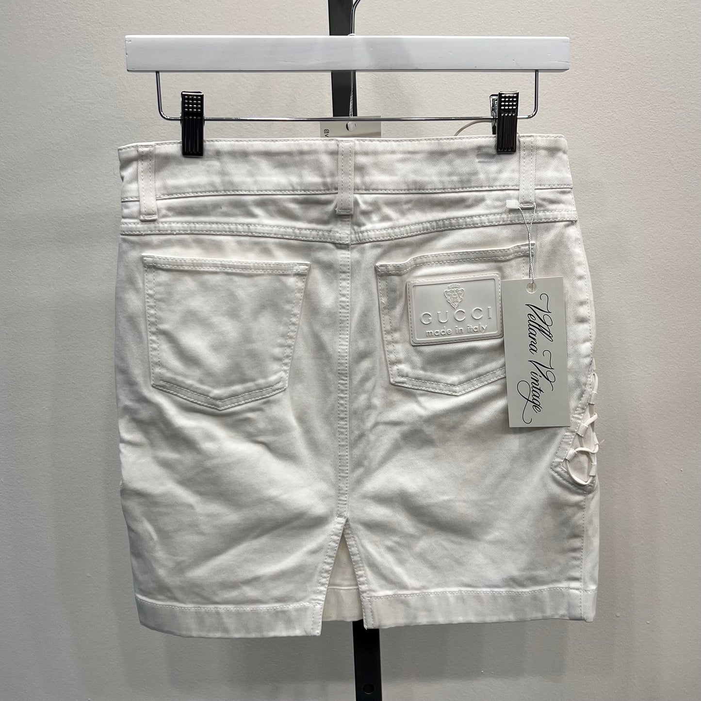 White Gucci Lace-Up Denim Mini Skirt