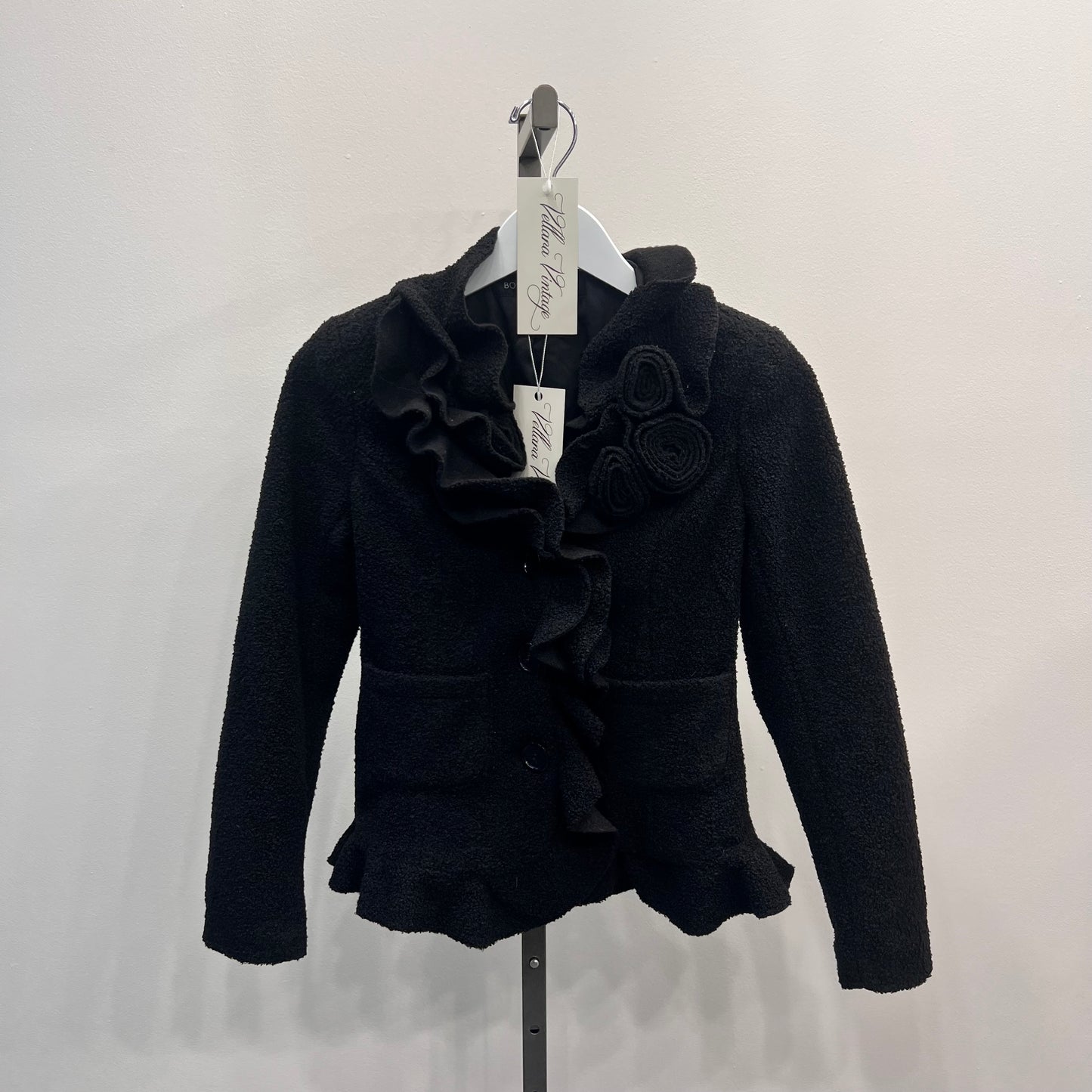 Black Boucle Blazer with Floral Accent