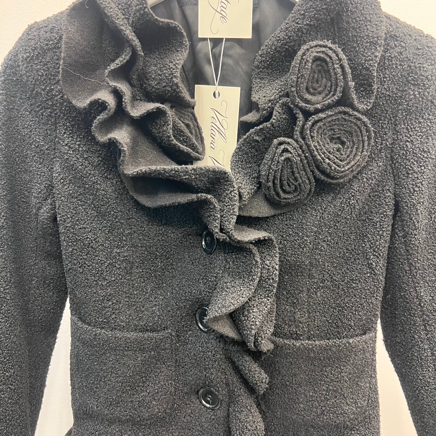 Black Boucle Blazer with Floral Accent