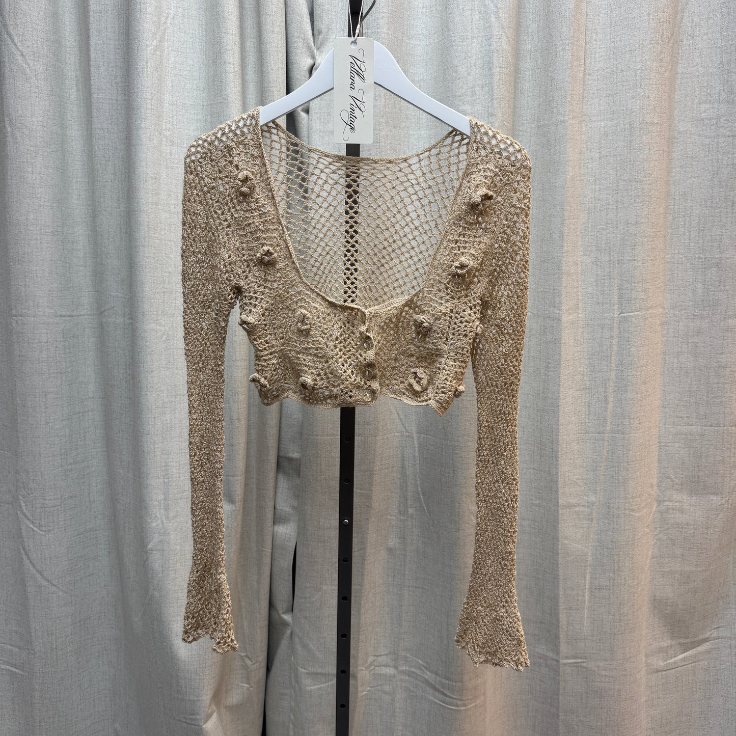 Beige Crochet Boho Floral Appliqué Cropped Cardigan