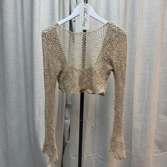 Beige Crochet Boho Floral Appliqué Cropped Cardigan
