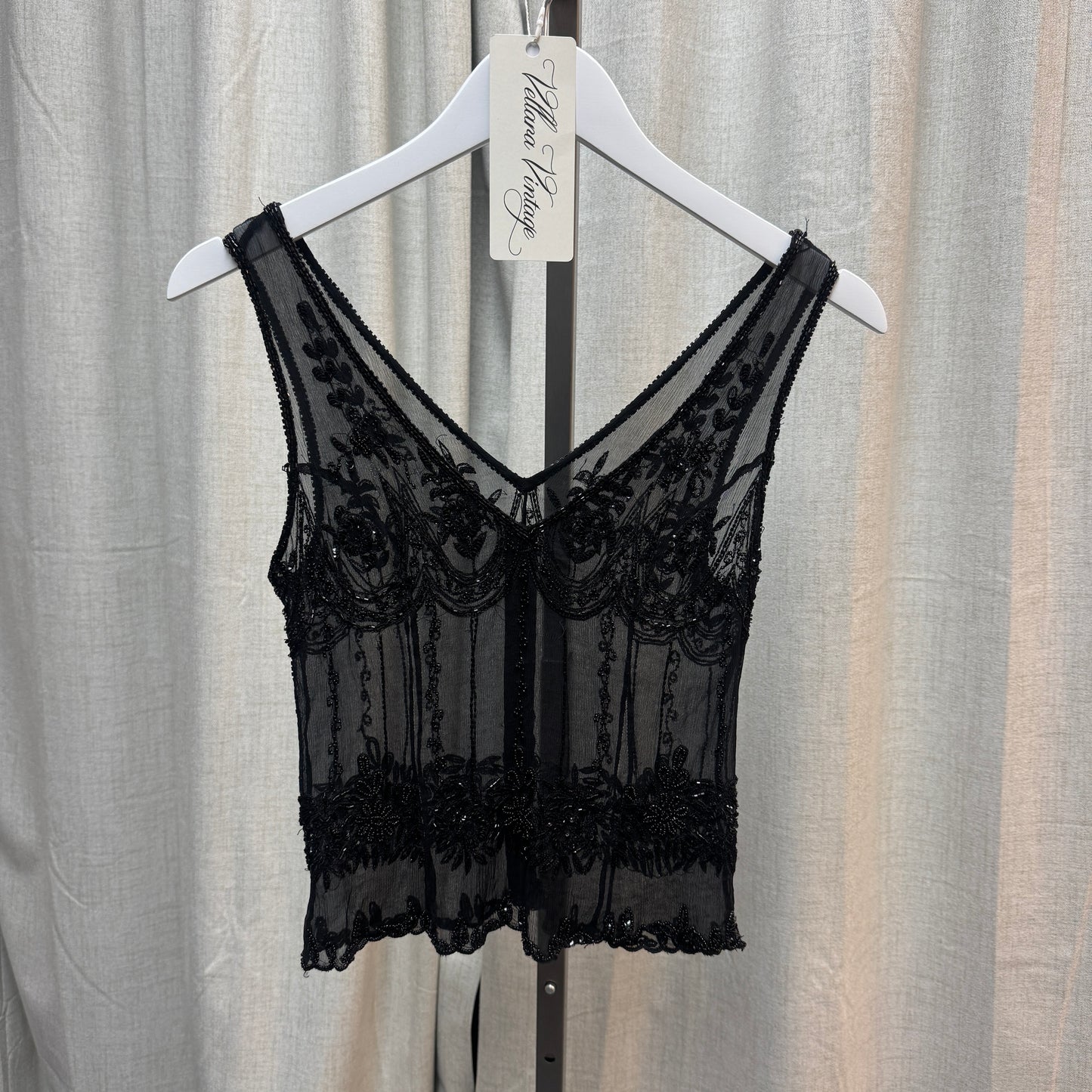 Black Sheer Beaded 100% Silk Tank Top