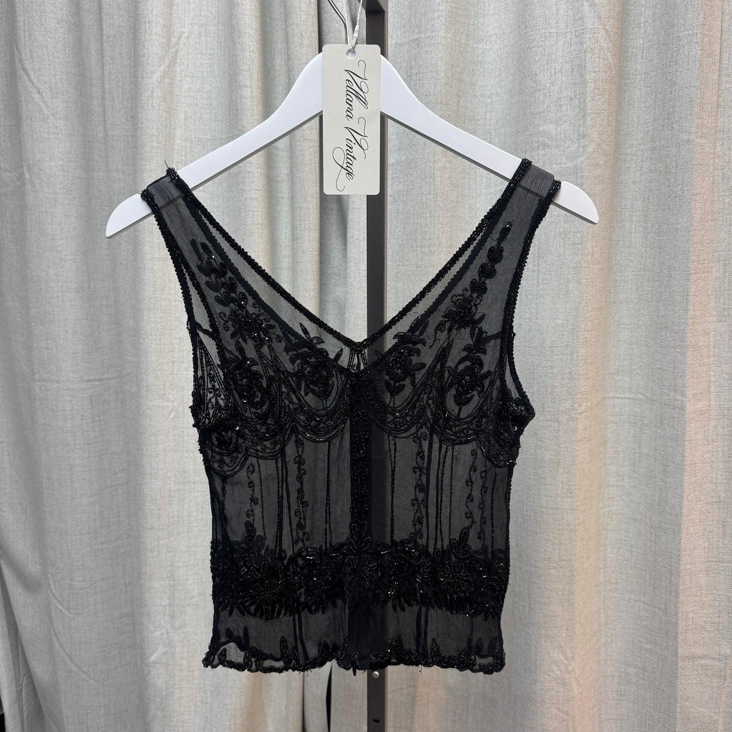 Black Sheer Beaded 100% Silk Tank Top
