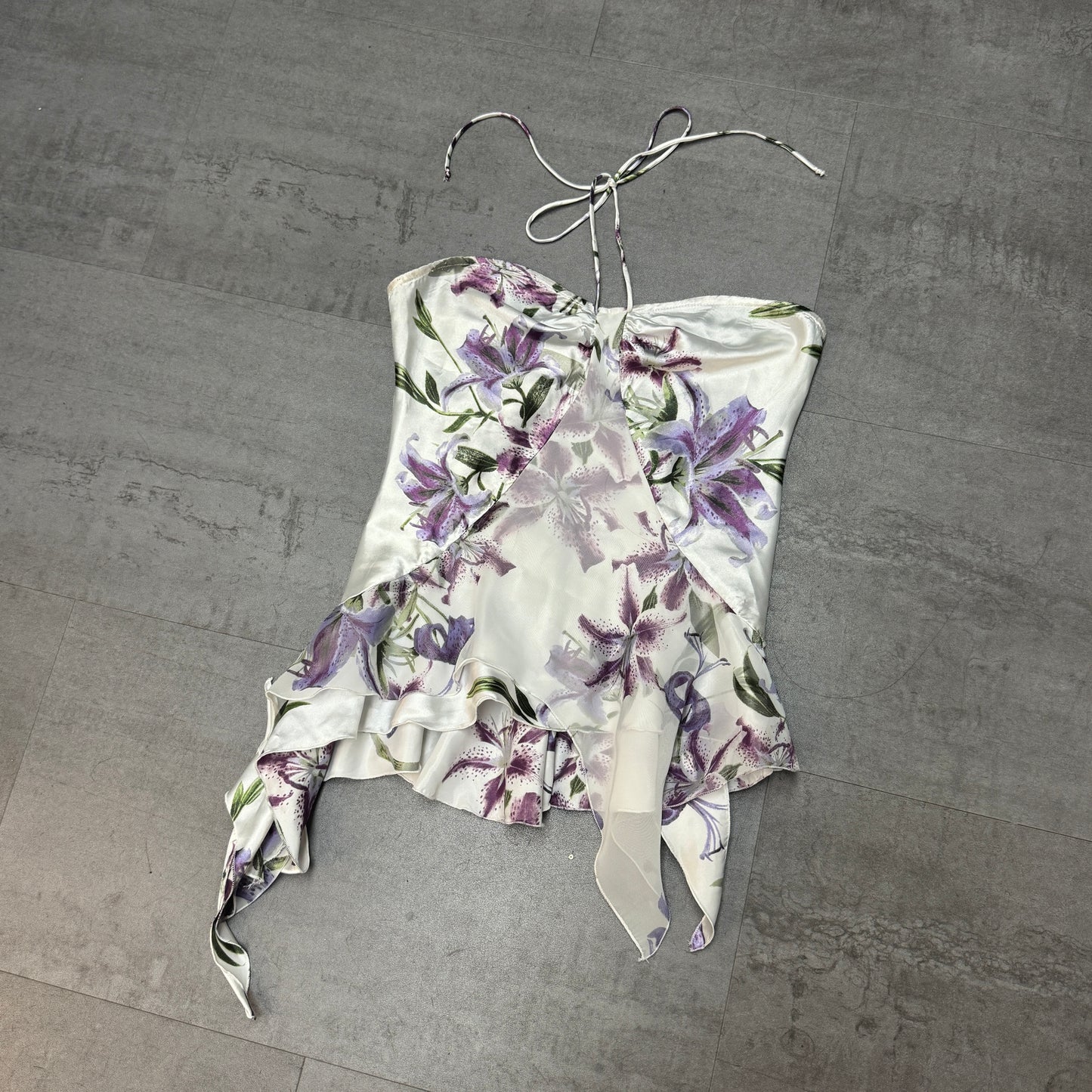 White and Purple Lily Asymmetrical Ruffle Halter Top and Midi Skirt Set