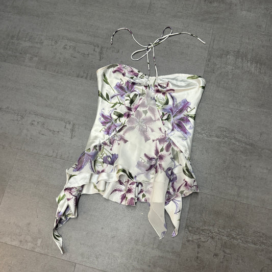 White and Purple Lily Asymmetrical Ruffle Halter Top and Midi Skirt Set