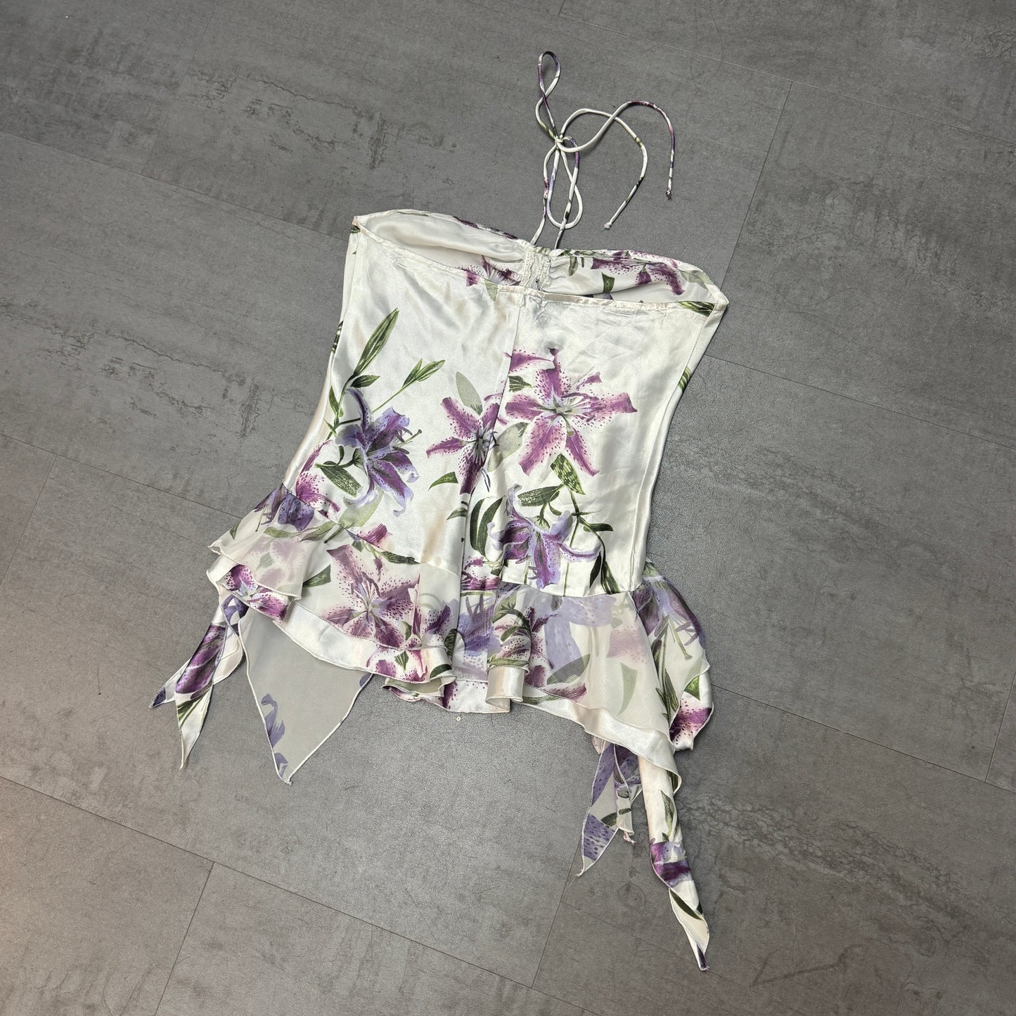 White and Purple Lily Asymmetrical Ruffle Halter Top and Midi Skirt Set