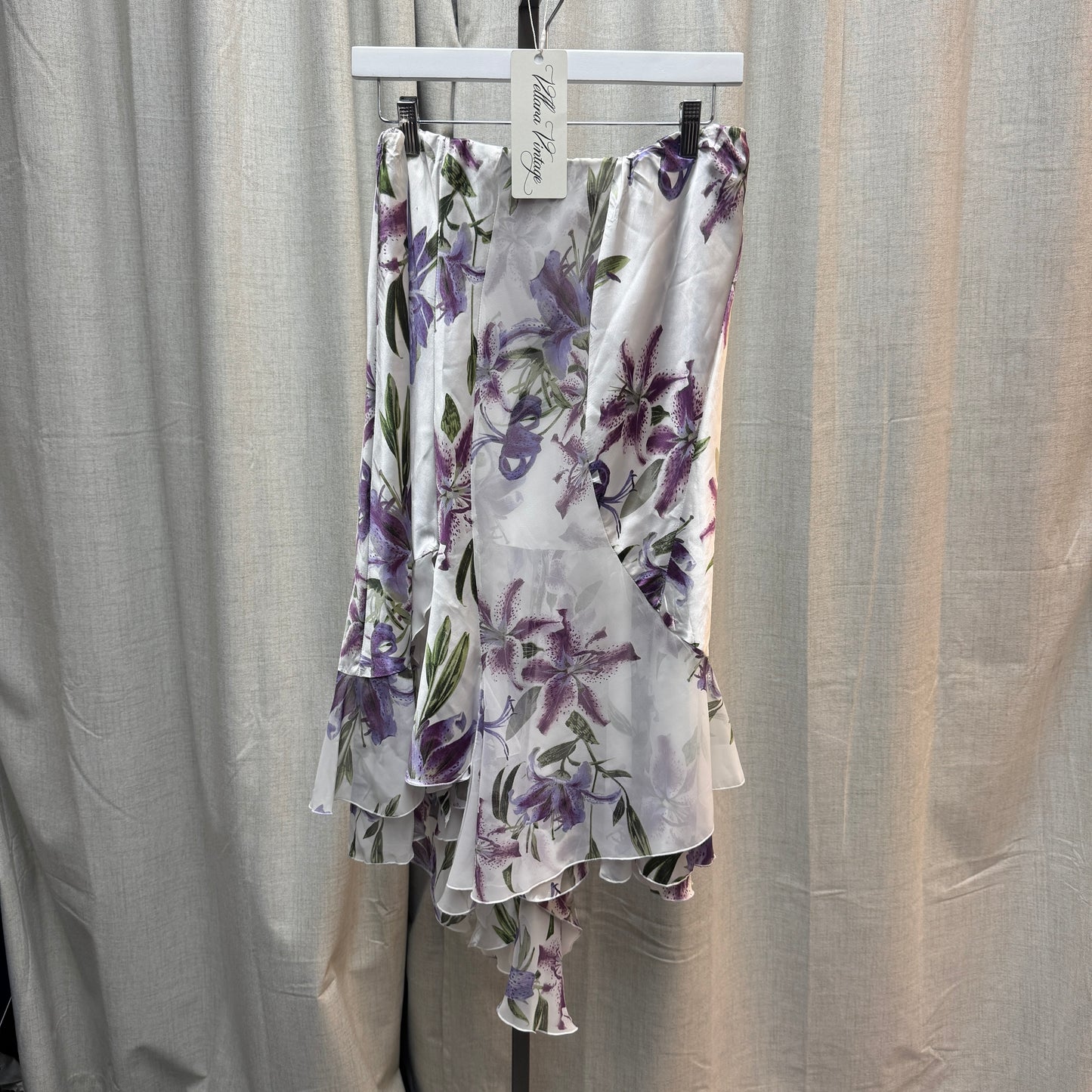 White and Purple Lily Asymmetrical Ruffle Halter Top and Midi Skirt Set