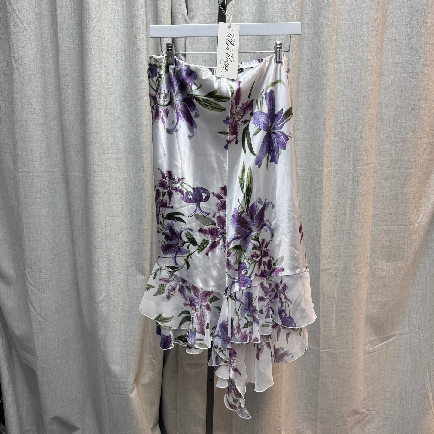 White and Purple Lily Asymmetrical Ruffle Halter Top and Midi Skirt Set