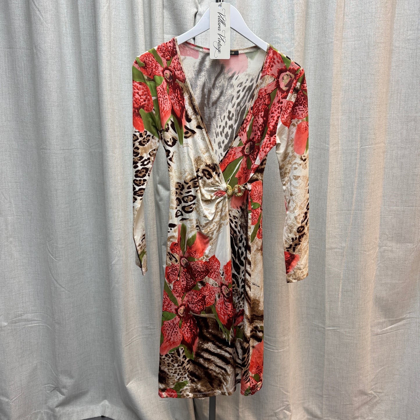 Roberto Cavalli Orchid and Leopard Print Long Sleeve Wrap Midi Dress
