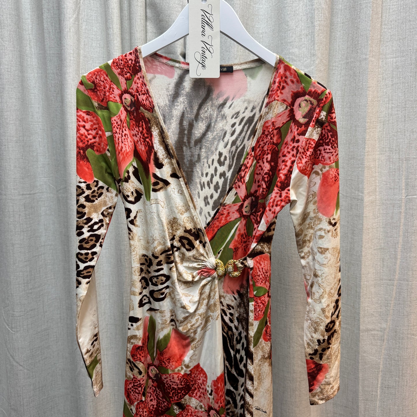 Roberto Cavalli Orchid and Leopard Print Long Sleeve Wrap Midi Dress