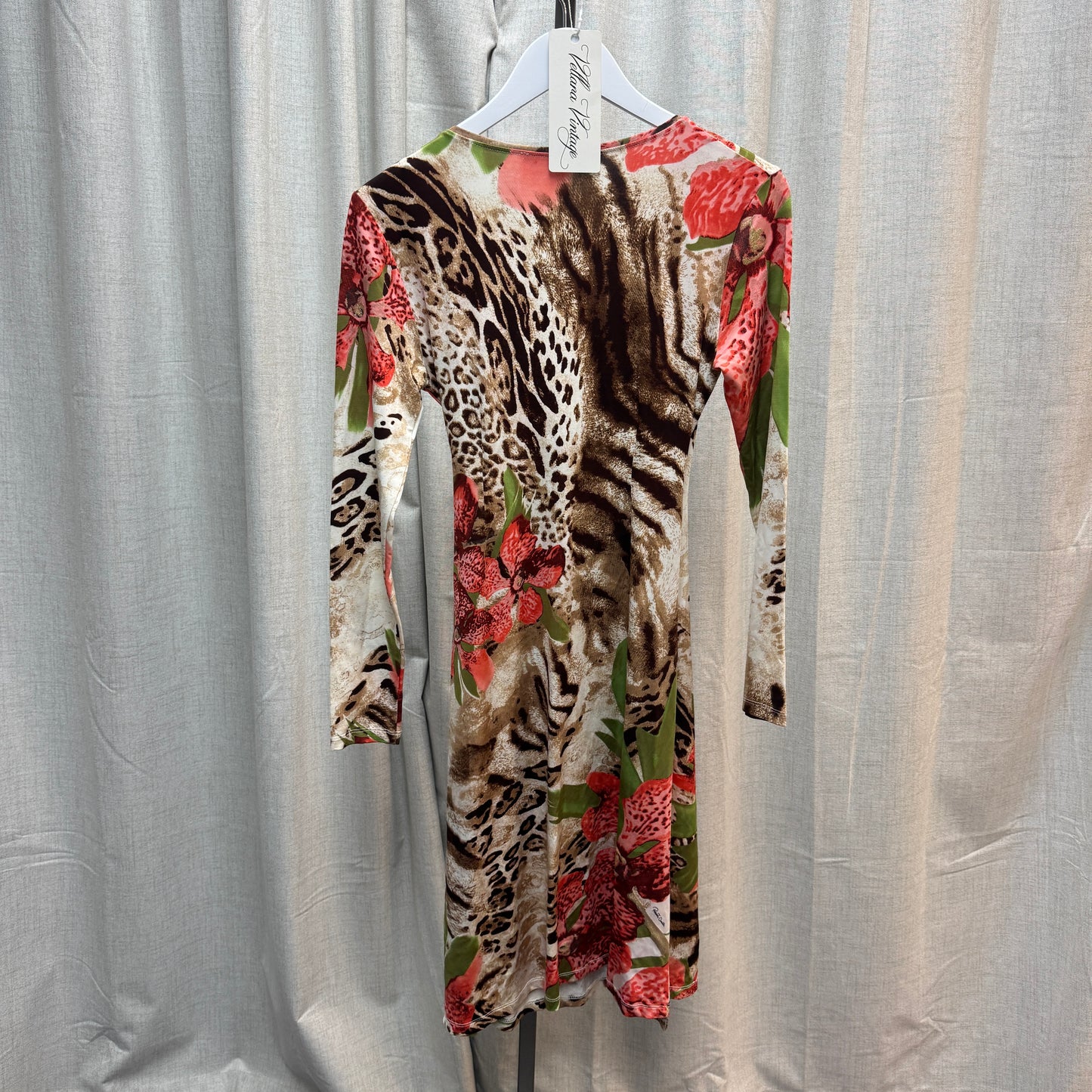 Roberto Cavalli Orchid and Leopard Print Long Sleeve Wrap Midi Dress