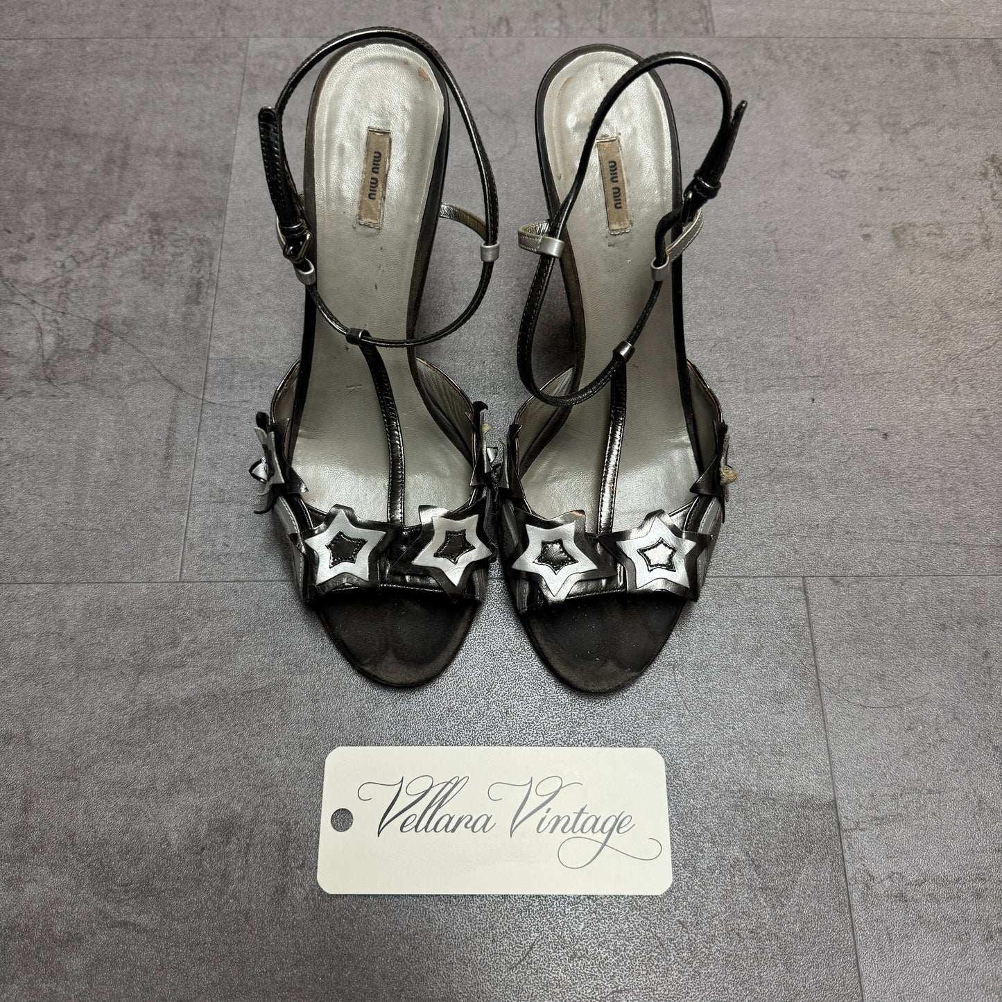 Miu Miu Leather Suede Morning Stars Two Tone T-Strap Heels