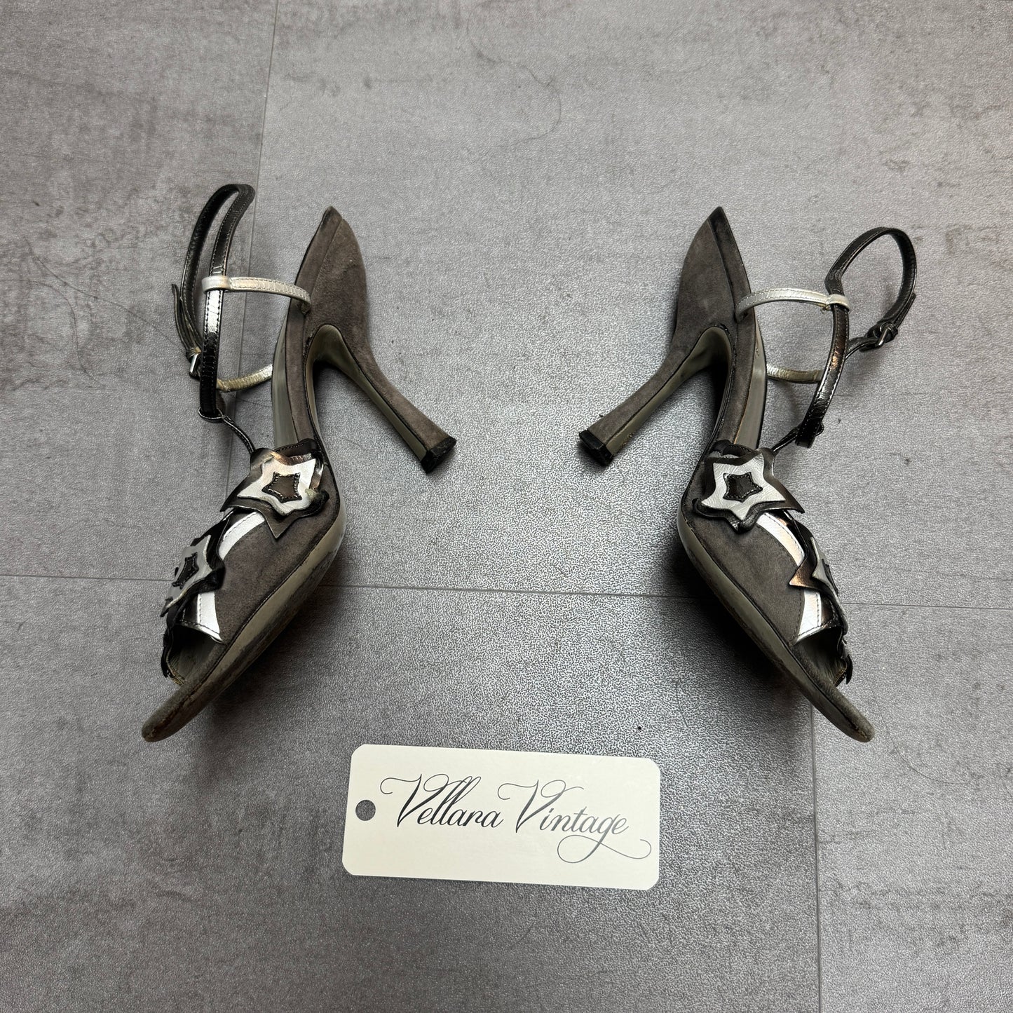 Miu Miu Leather Suede Morning Stars Two Tone T-Strap Heels
