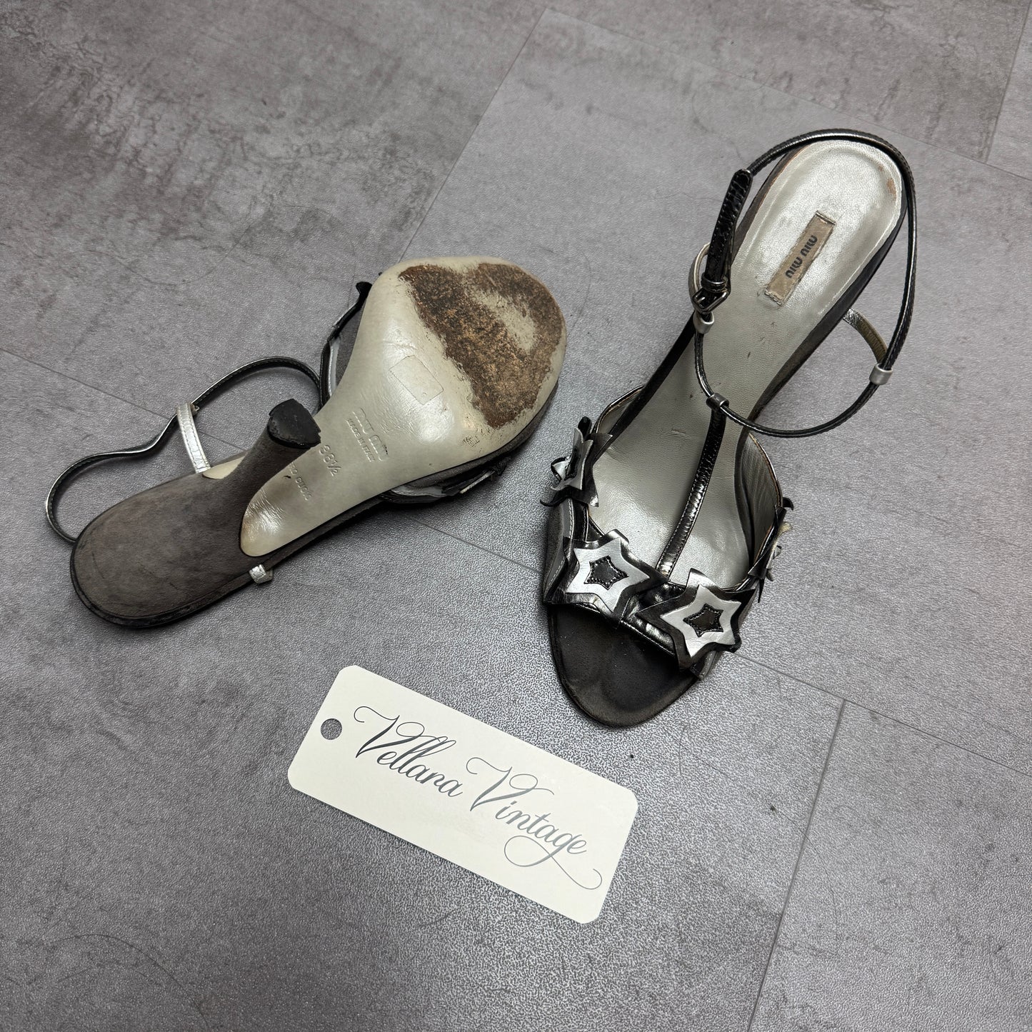 Miu Miu Leather Suede Morning Stars Two Tone T-Strap Heels