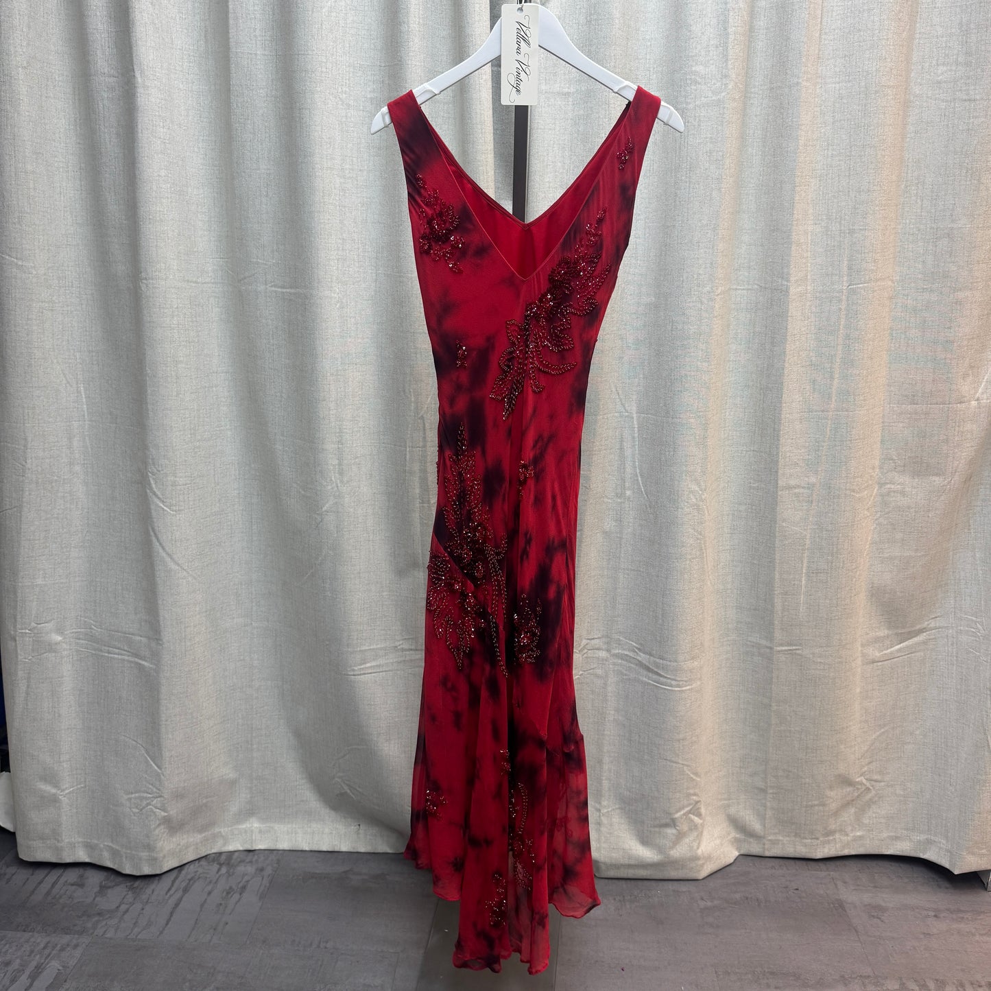 Red and Black Tie Dye Floral Beaded Silk Maxi Dress
