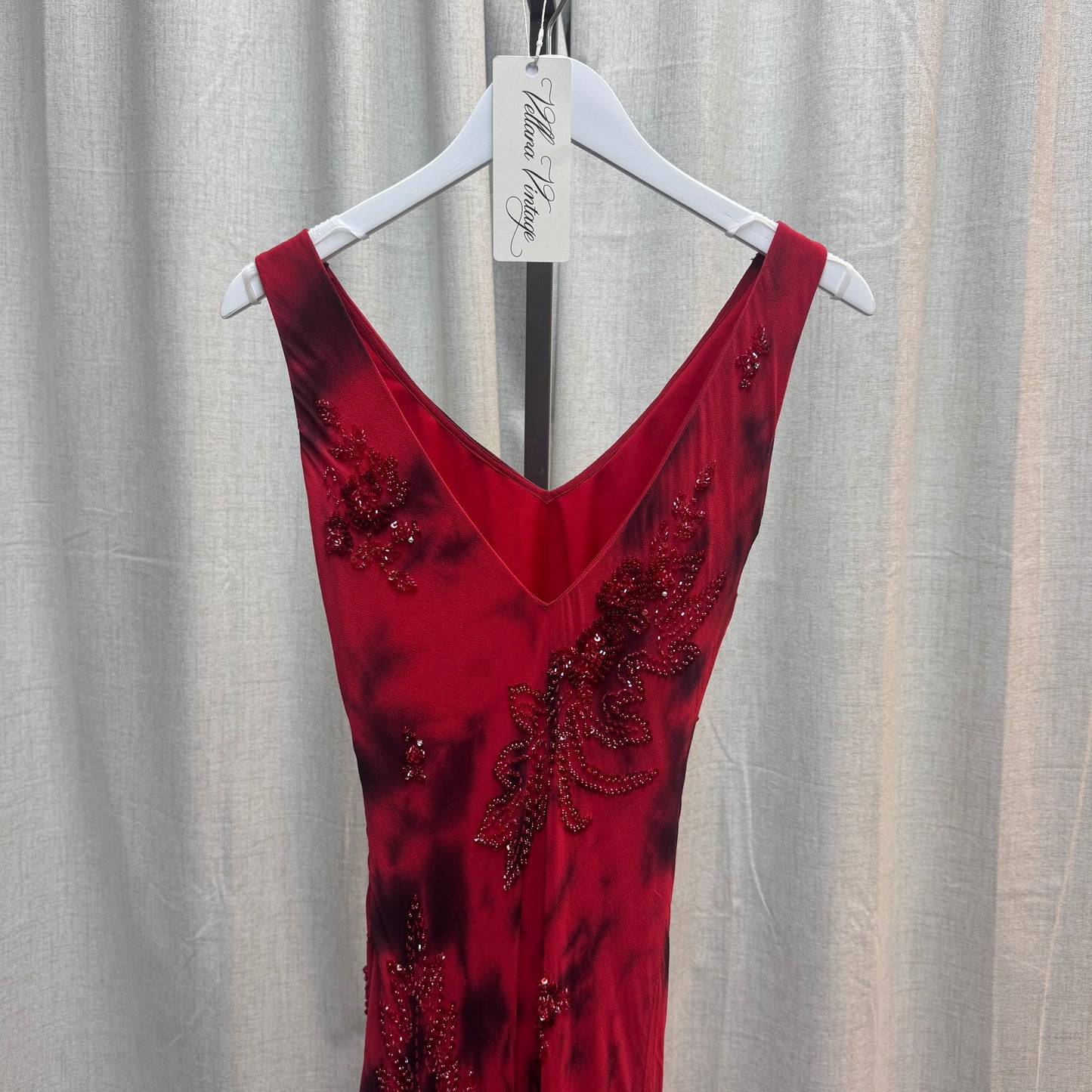 Red and Black Tie Dye Floral Beaded Silk Maxi Dress