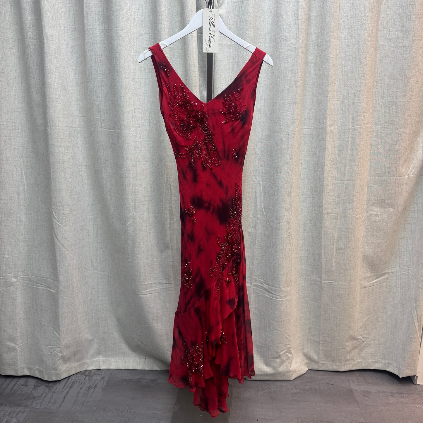 Red and Black Tie Dye Floral Beaded Silk Maxi Dress