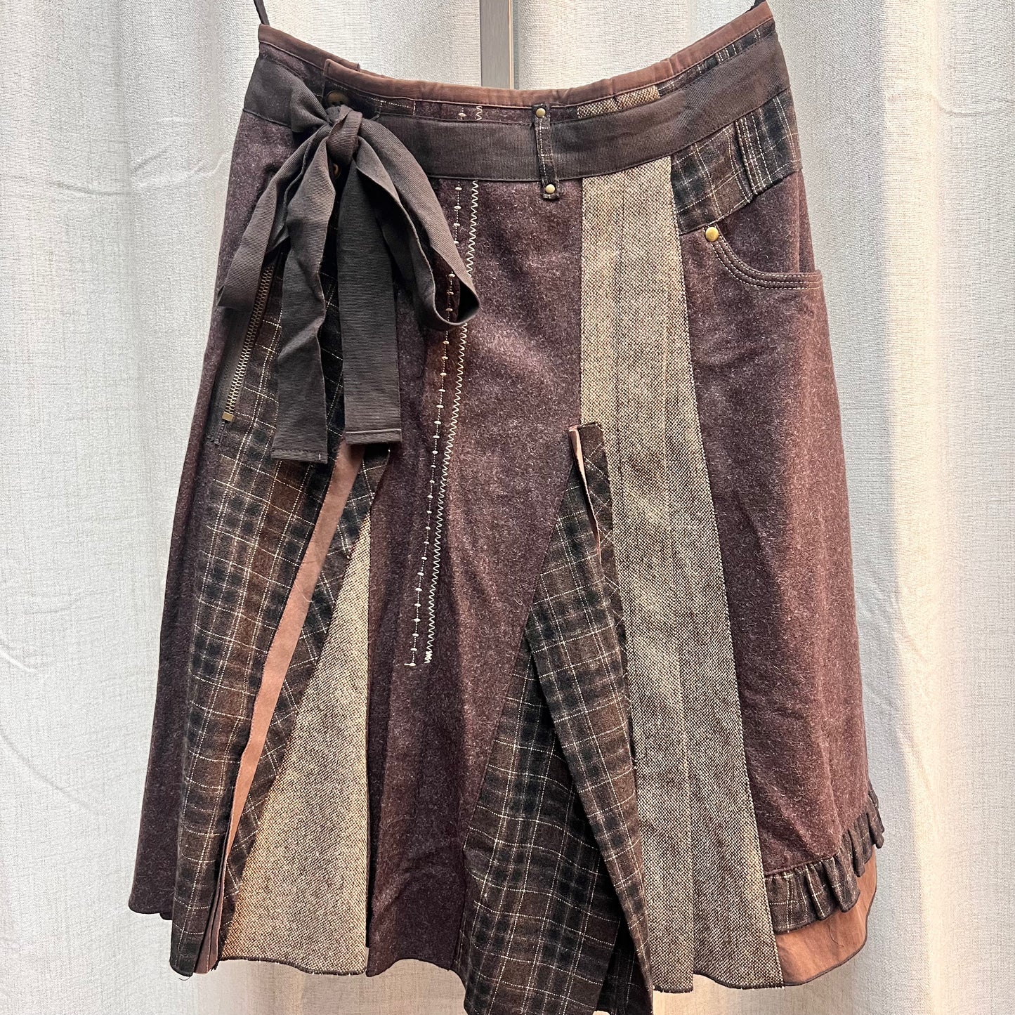 Brown Patchwork Belted Skirt
