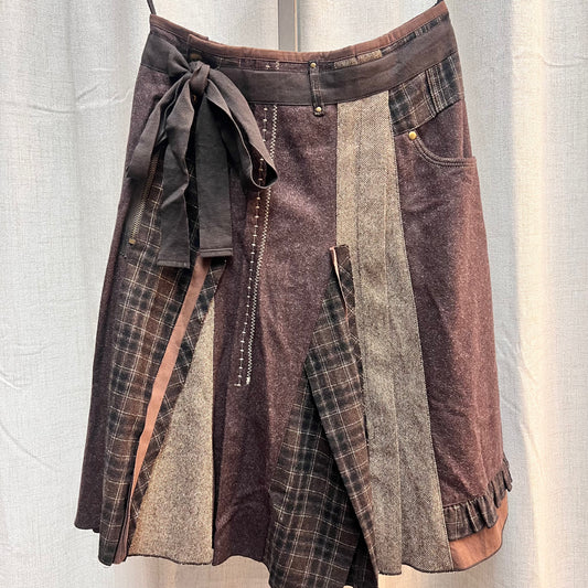 Brown Patchwork Belted Skirt