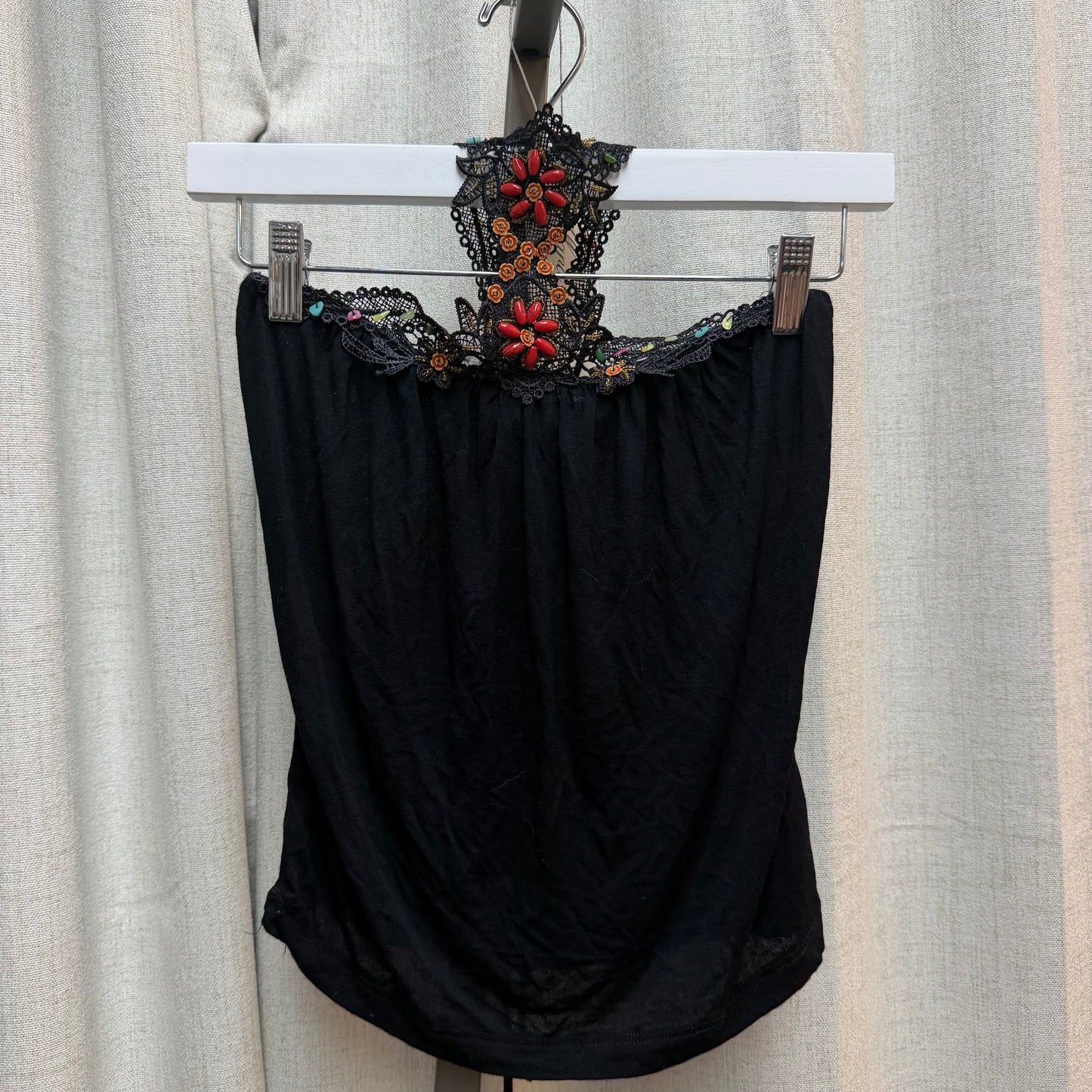 Black Beaded Lace Halter Top