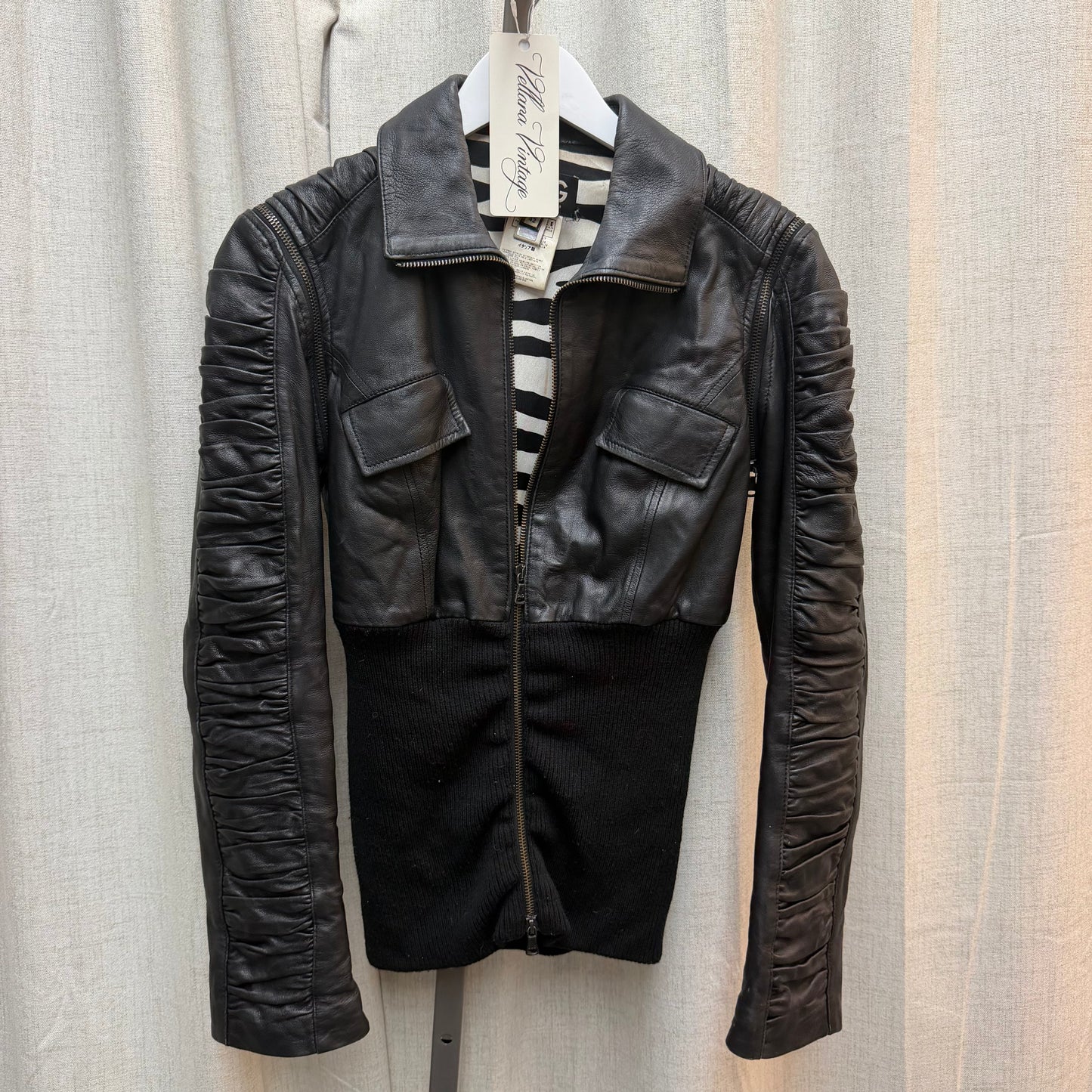 D&G Black Leather & Rib Knit Moto Jacket