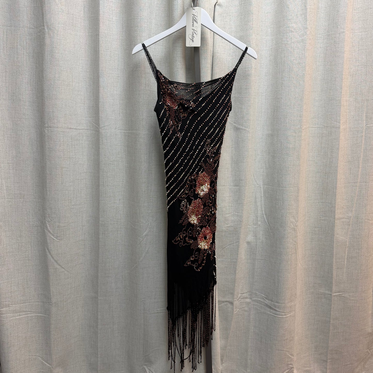 Black & Rose Gold Sequin Silk Fringe Midi Dress