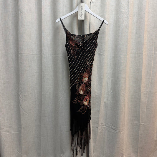 Black & Rose Gold Sequin Silk Fringe Midi Dress