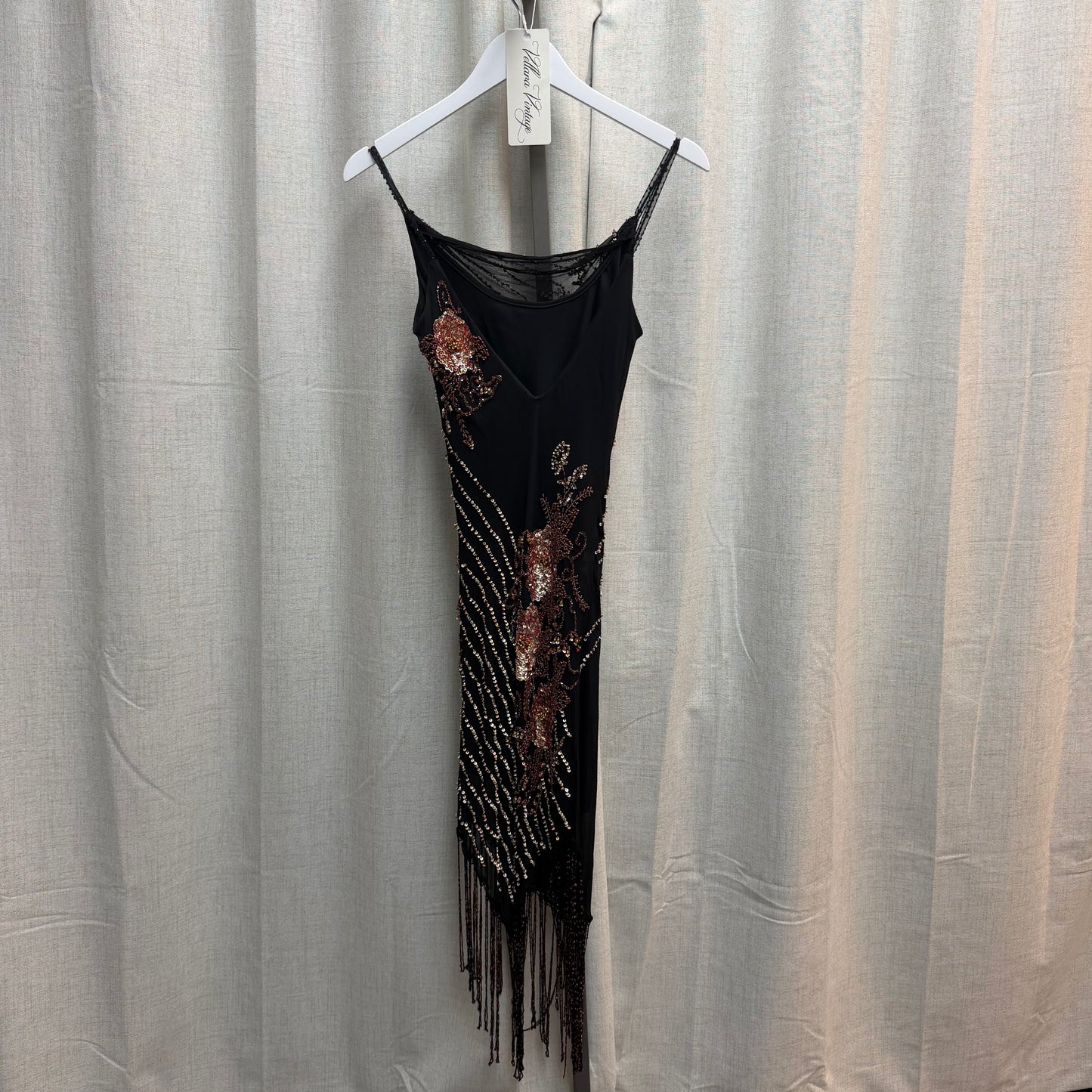 Black & Rose Gold Sequin Silk Fringe Midi Dress