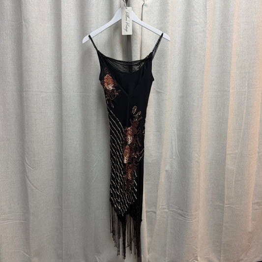 Black & Rose Gold Sequin Silk Fringe Midi Dress