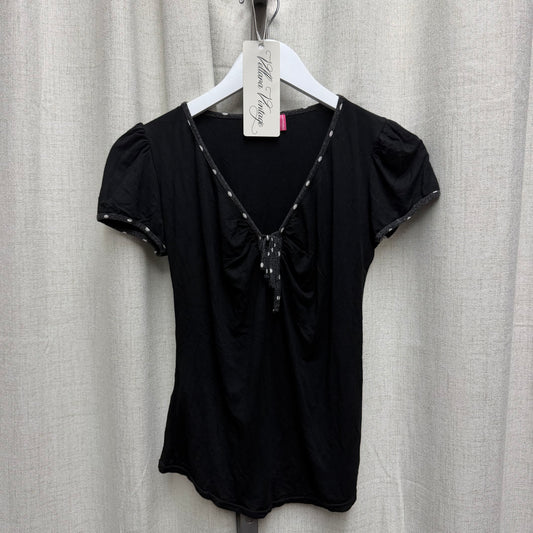 Black Blouse with Polka Dot Trim