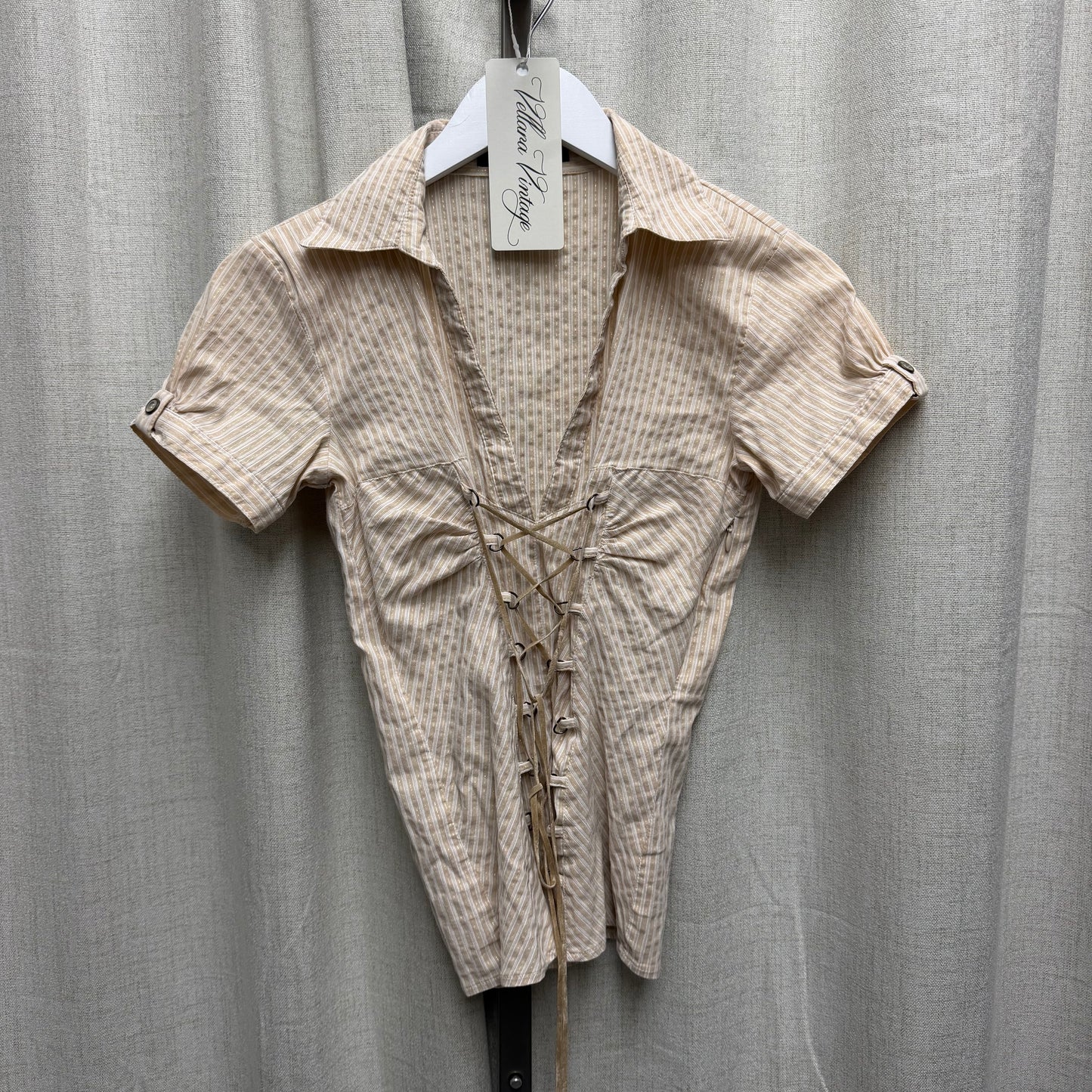 Morgan De Toi Beige, White, & Gold Pinstripe Lace-up Blouse