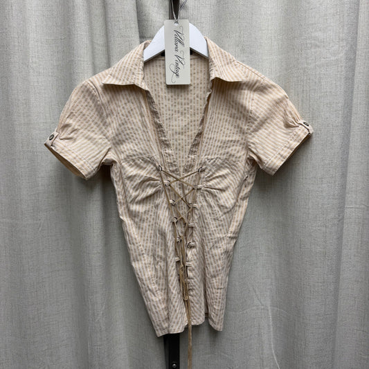 Morgan De Toi Beige, White, & Gold Pinstripe Lace-up Blouse