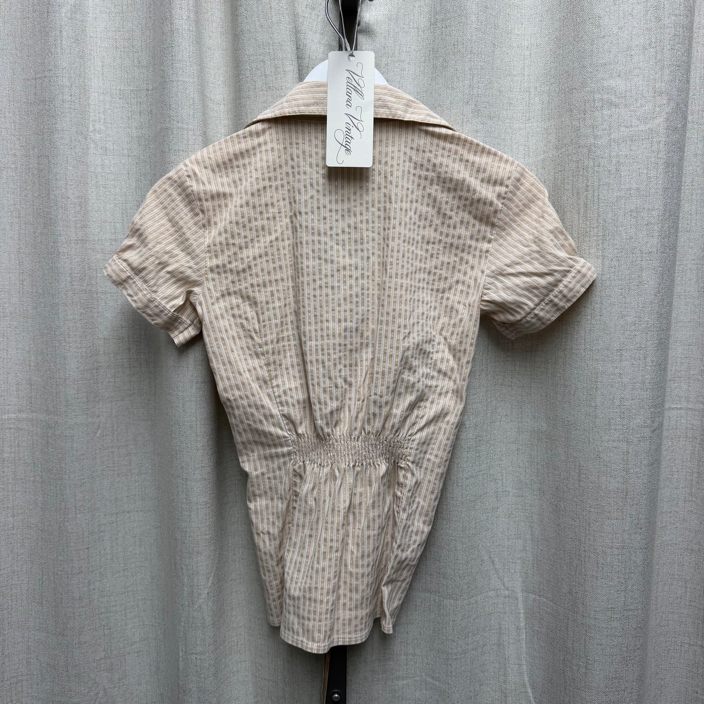 Morgan De Toi Beige, White, & Gold Pinstripe Lace-up Blouse
